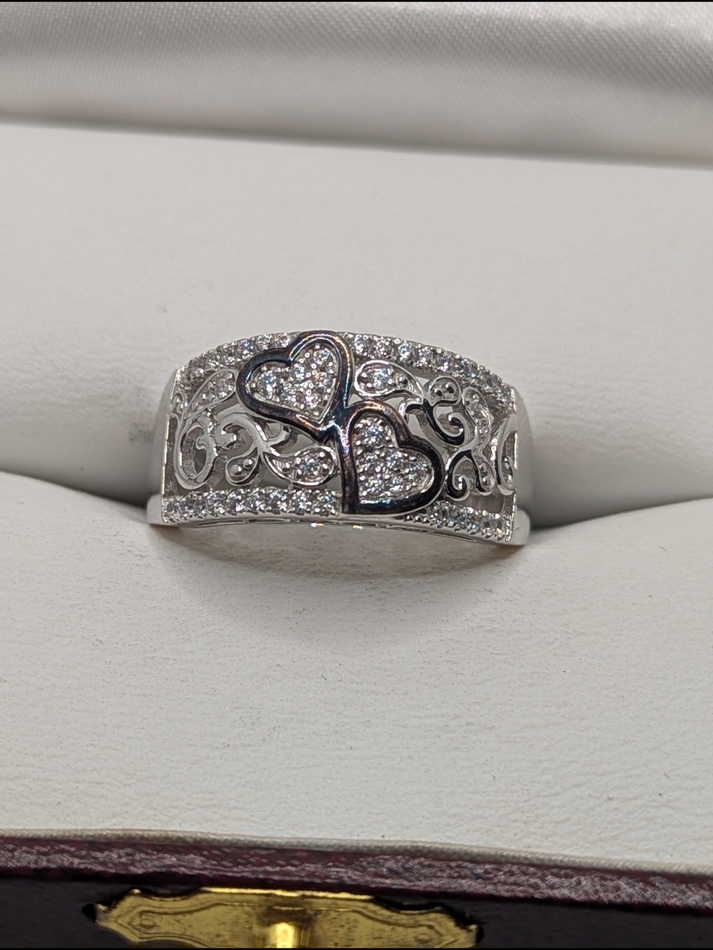 ✨ AMARLEY Sterling Silver 925 Double Heart Filigree Pave Statement Ring ✨